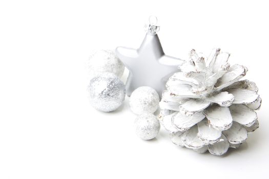 christmas, decoration with pine cones, christmas star silver