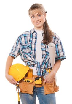 female worker with tools and blueprint isolated