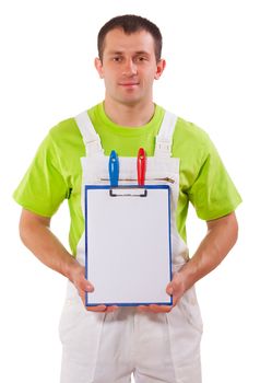 Professional painter holding empty clipboard with empty sheet