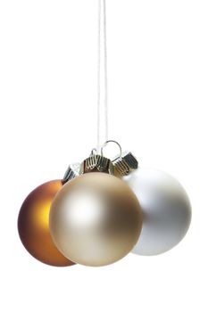 creme, brown, bronze, white christmas balls isolated hanging with white background 