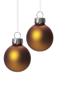 bronze christmas balls isolated hanging with white background 