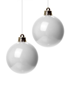 white christmas balls isolated hanging with white background 