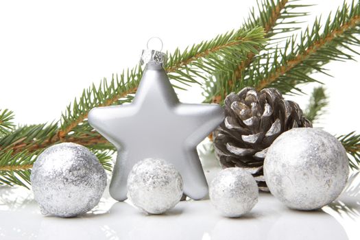 christmas, decoration with fir branch, pine cones, christmas star silver 