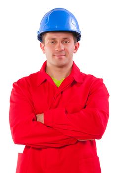 worker wearing in red jacket and blue hardhat