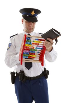Dutch police officer is counting vouchers quotas with abacus over white background