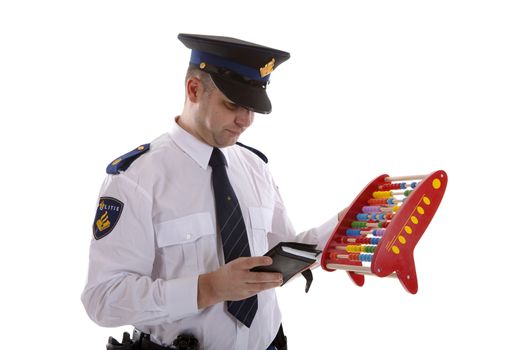 Dutch police officer is counting vouchers quotas with abacus over white background
