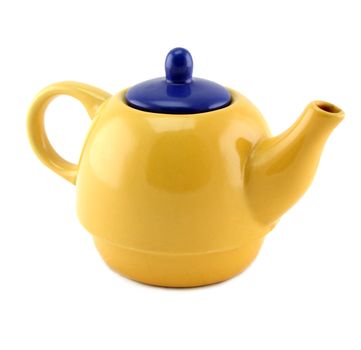 Yellow china teapot with a blue lid isolated.