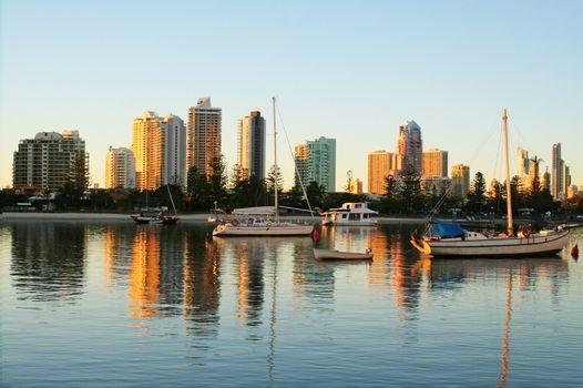 Looking towards Surfers Paradise and Main Beach Gold Coast Australia at dawn.