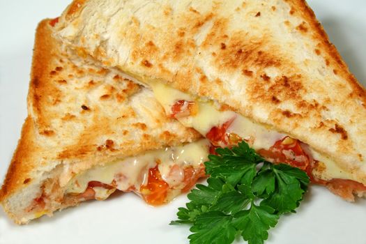 Yummy toasted cheese and tomato sandwiches with melted cheese.