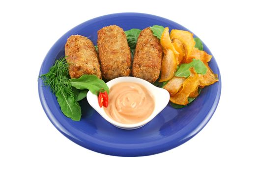 Crumbed tuna croquettes with sweet potatoes and a rocket salad.