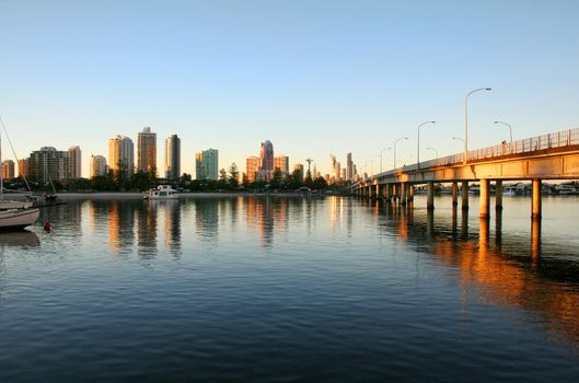 Looking towards Surfers Paradise Gold Coast Australia with the Southport Bridge at dawn.