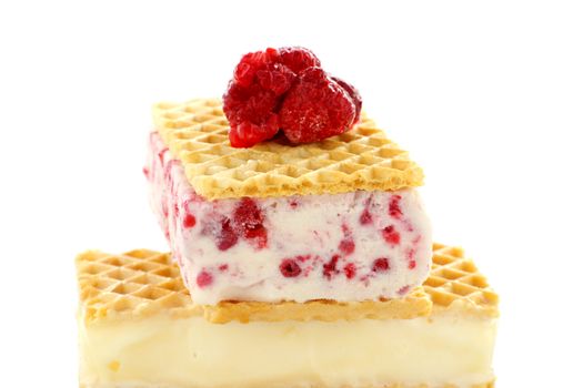 Delicious double decker wafer ice cream with raspberry and vanilla ice cream.