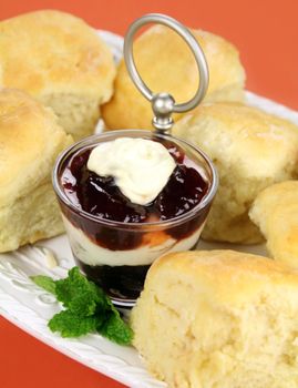 Fresh Baked scones with jam and cream on a tray ready to serve.