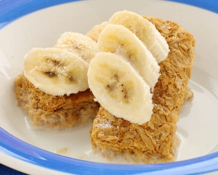 Iconic Australian breakfast cereal Weet Bix served with sliced banana.