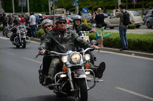 WROCLAW, POLAND - MAY 18: Unidentified group rides Harley-Davidson in city center. Around 8 thousands motorcyclist joined international event Super Rally from 16 to 20 May 2013 in Wroclaw, Poland.