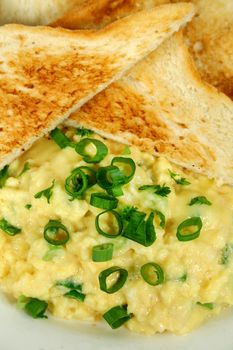 Great breakfast of creamy scrambled eggs with toast and diced shallots.
