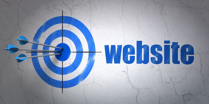 Success web development concept: arrows hitting the center of target, Blue Website on wall background, 3d render