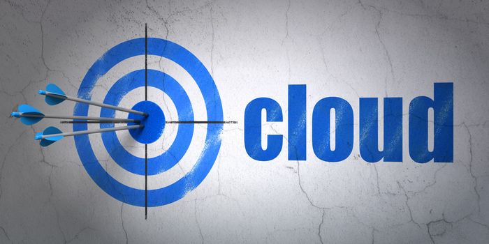 Success cloud technology concept: arrows hitting the center of target, Blue Cloud on wall background, 3d render