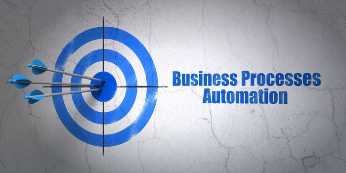 Success finance concept: arrows hitting the center of target, Blue Business Processes Automation on wall background, 3d render