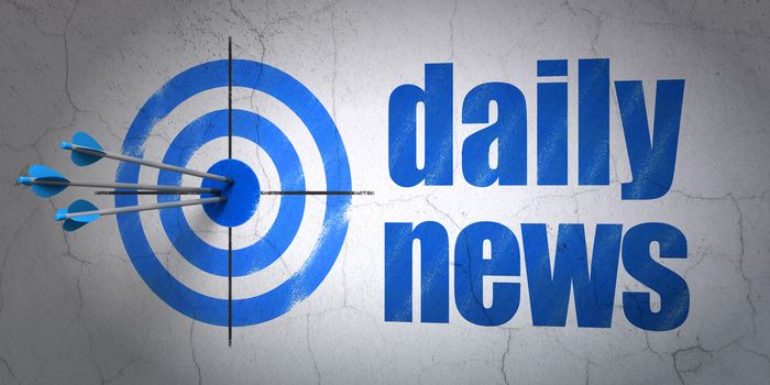 Success news concept: arrows hitting the center of target, Blue Daily News on wall background, 3d render