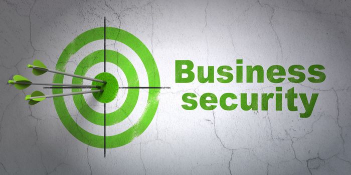 Success protection concept: arrows hitting the center of target, Green Business Security on wall background, 3d render