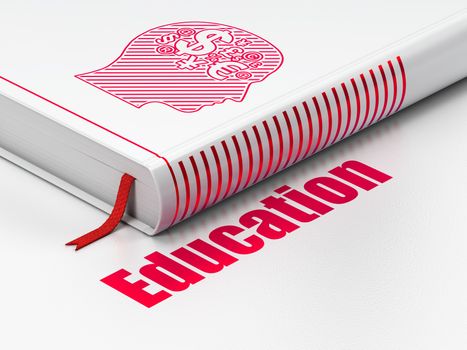 Education concept: closed book with Red Head With Finance Symbol icon and text Education on floor, white background, 3d render