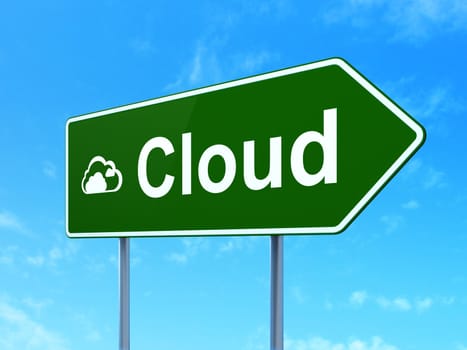 Cloud networking concept: Cloud and Cloud icon on green road (highway) sign, clear blue sky background, 3d render