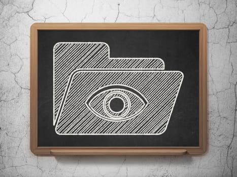 Finance concept: Folder With Eye icon on Black chalkboard on grunge wall background, 3d render