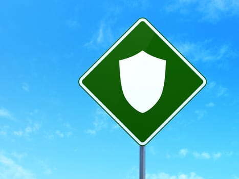 Privacy concept: Shield on green road (highway) sign, clear blue sky background, 3d render