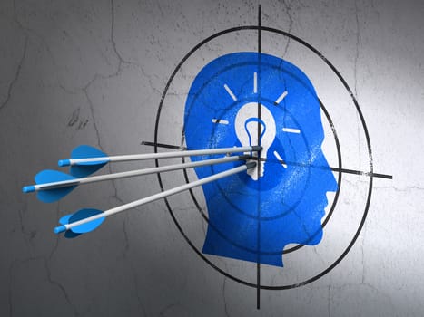 Success Data concept: arrows hitting the center of Blue Head With Light Bulb target on wall background, 3d render