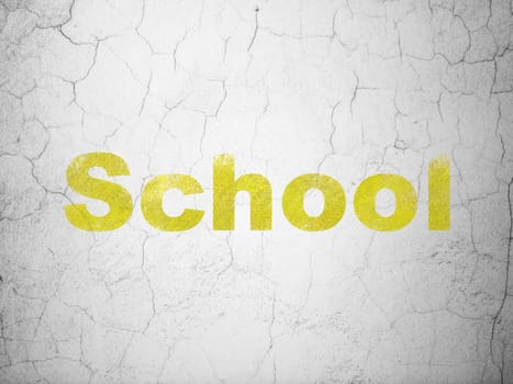 Education concept: Yellow School on textured concrete wall background, 3d render