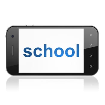 Education concept: smartphone with text School on display. Mobile smart phone on White background, cell phone 3d render