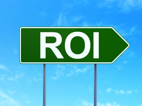 Business concept: ROI on green road (highway) sign, clear blue sky background, 3d render