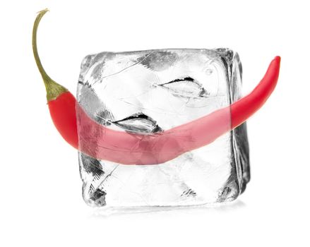 pepperoni, chillies in a ice cube isolated with white background