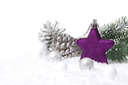 christmas, decoration with fir branch, pine cones, christmas bauble, christmas star purple and white 