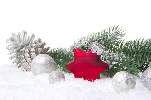 christmas, decoration with fir branch, pine cones, christmas bauble, christmas star red and white