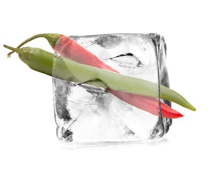 pepperoni, chillies in a ice cube isolated with white background 