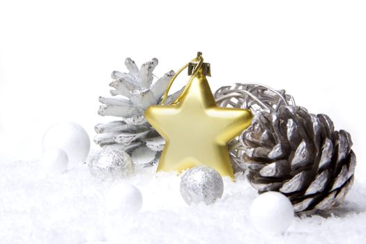 christmas, decoration pinecones, christmas bauble, christmas star golden and white