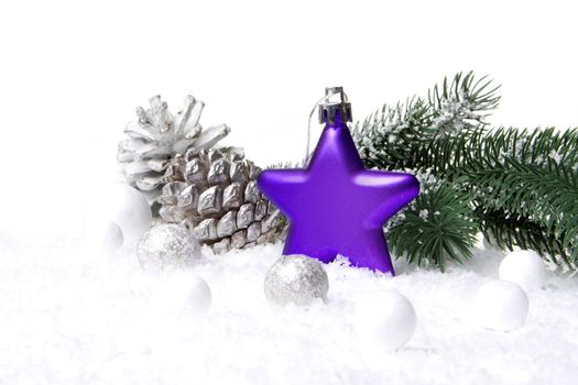 christmas, decoration with fir branch, pine cones, christmas bauble, christmas star purple and white