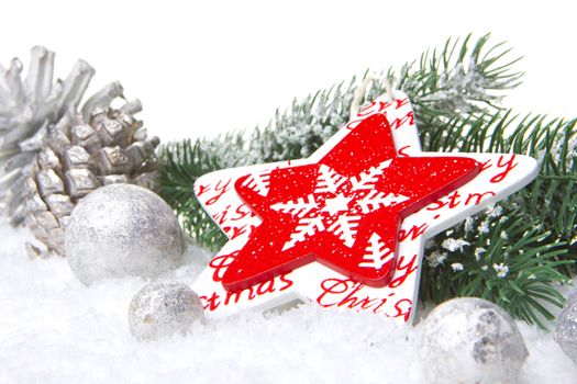 christmas, decoration with fir branch, pine cones, christmas bauble, christmas star red and white