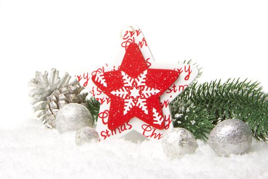 christmas, decoration with fir branch, pine cones, christmas bauble, christmas star red and white