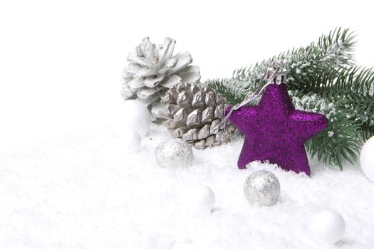 christmas, decoration with fir branch, pine cones, christmas bauble, christmas star purple and white