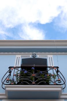 Calpe. Mediterranean Spanish coastal city historic old town center. Tradicional house balcony detail.