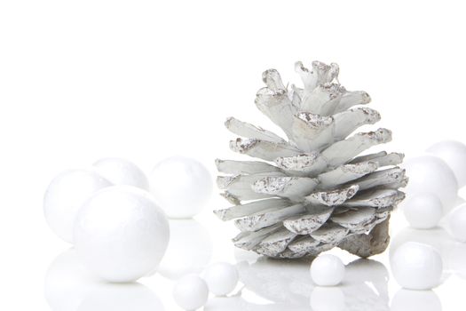 christmas, decoration with pine cones silver and white