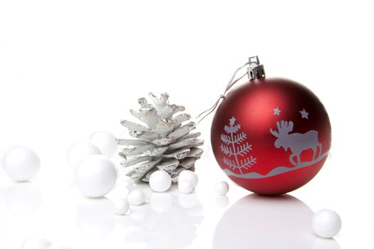 christmas, decoration with christmas bauble red, silver and white