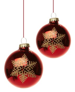 red christmas bauble hanging with christmas star isolated with white background