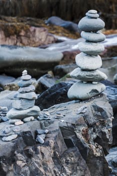 piled up stones on the Maine coastline, Usa