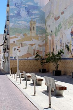 Painted Mural at Plaza D. Manuel Miro, calle mar, historic old town center, Calp, Spain. Mediterranean spanish coastal city (Costa Blanca).  
