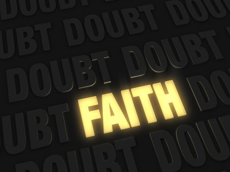 A bright, gold glowing "FAITH" on a dark background of "DOUBT"s