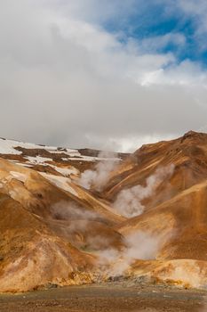 Iceland is a land of ice and fire. In the geothermal area Kerlingarfjoll one can see smoke and boiling fumaroles from the geothermal field as well as mountains covered by ice and snow.